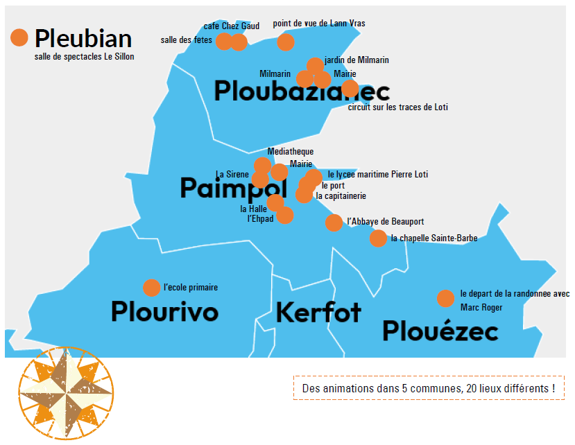 Carte situant les animations organisées sur 5 communes.