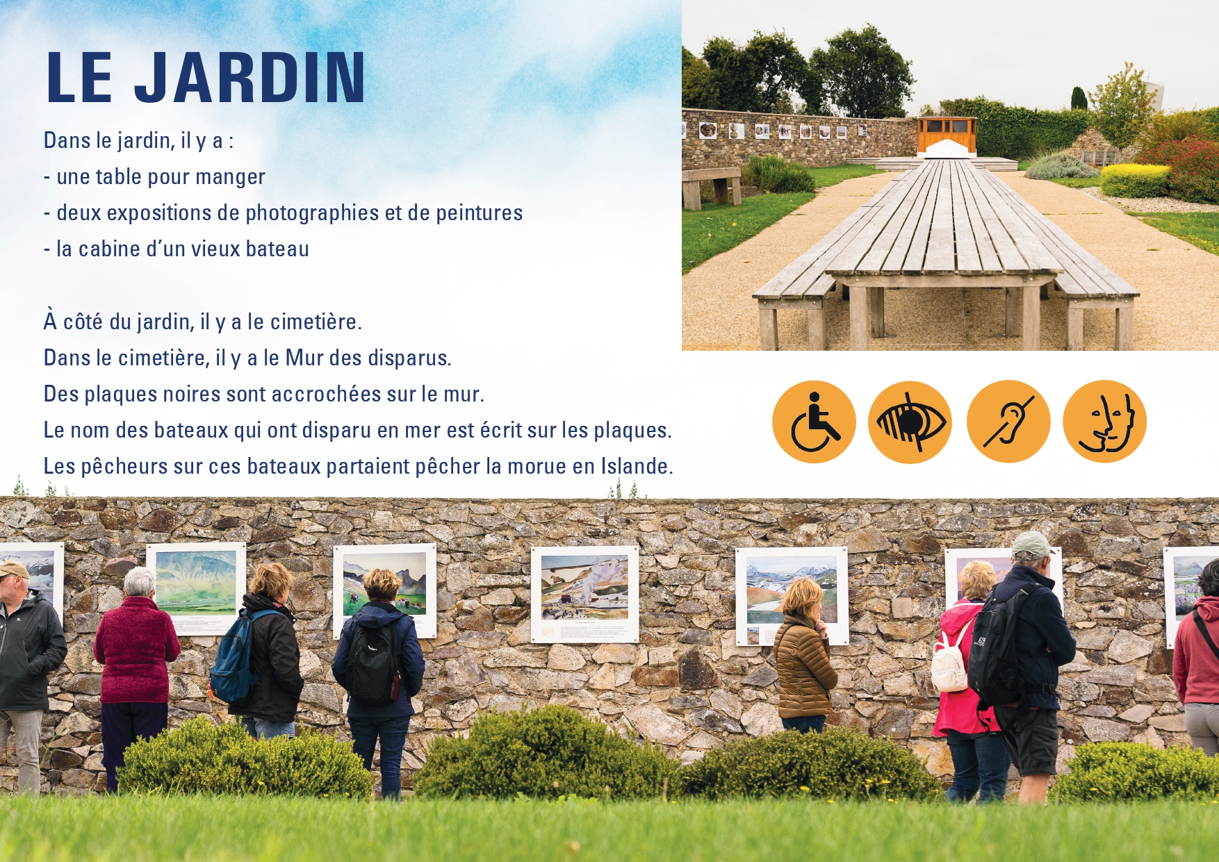 Le jardin de Mimarin avec ses expositions et sa table de pique-nique. Il est proche du cimetière où se trouve le Mur des disparus en mer.