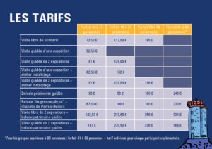 Tarifs pour les visites de groupes adultes.